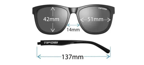 Black sunglasses showing dimensions on a white background
