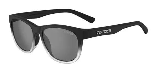 Sunglasses with a dark gray lens and black frame on a white background