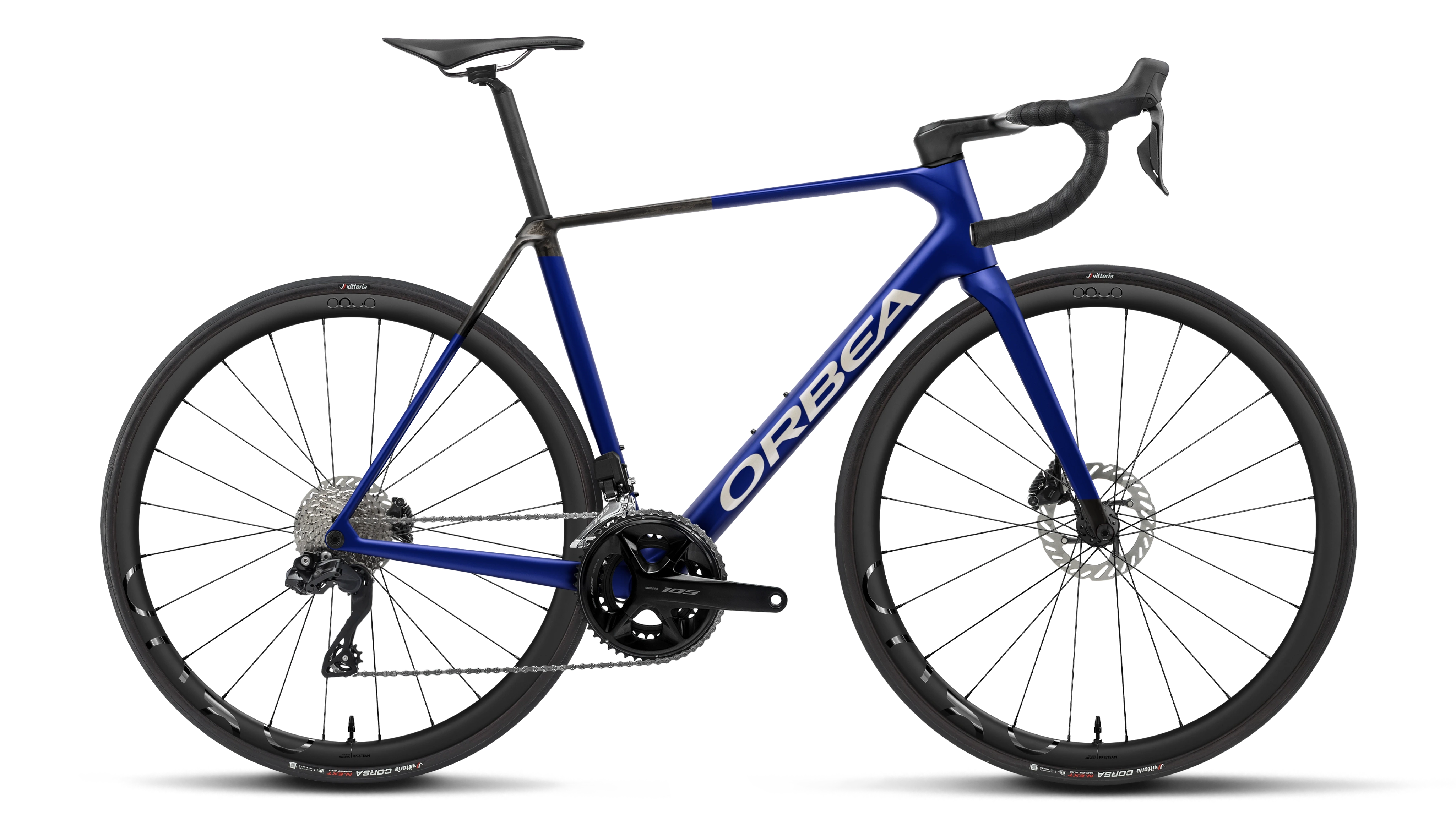 Blue road bicycle with 'Orbea' branding on a white background