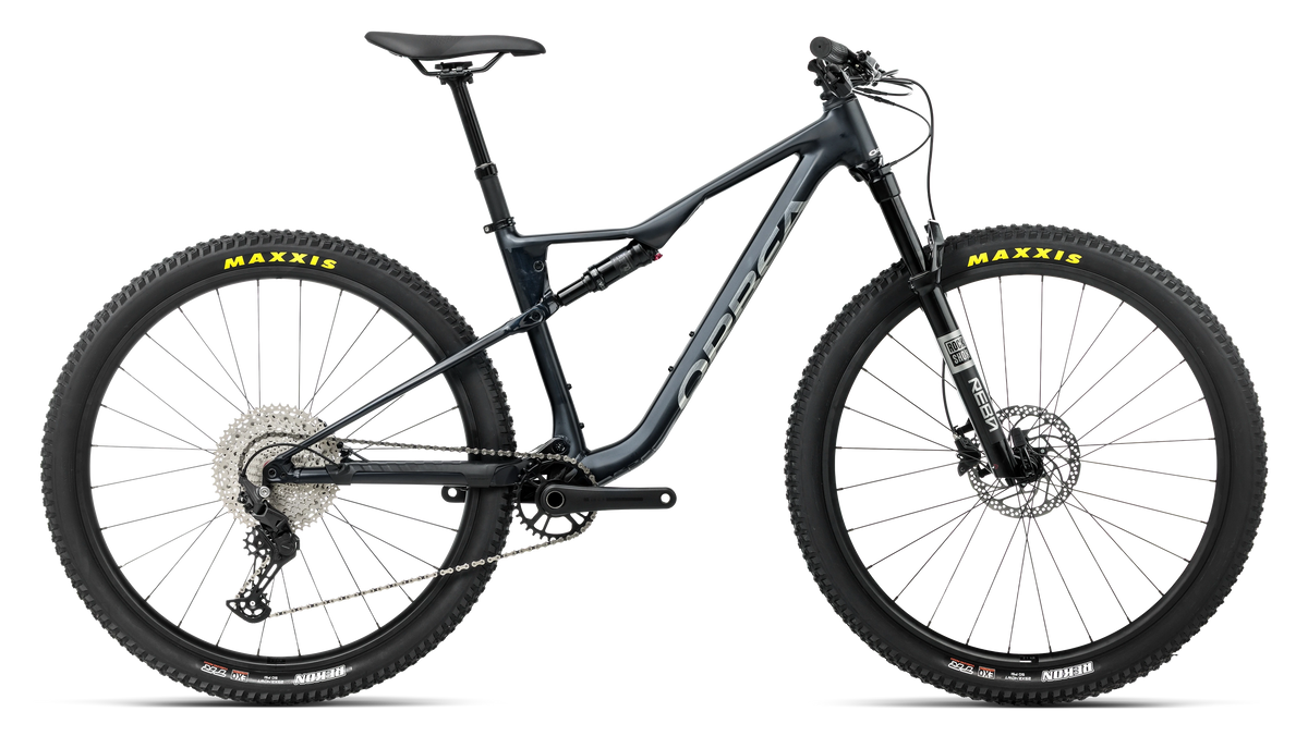 A black Orbea dual suspension mountain bike on a white background