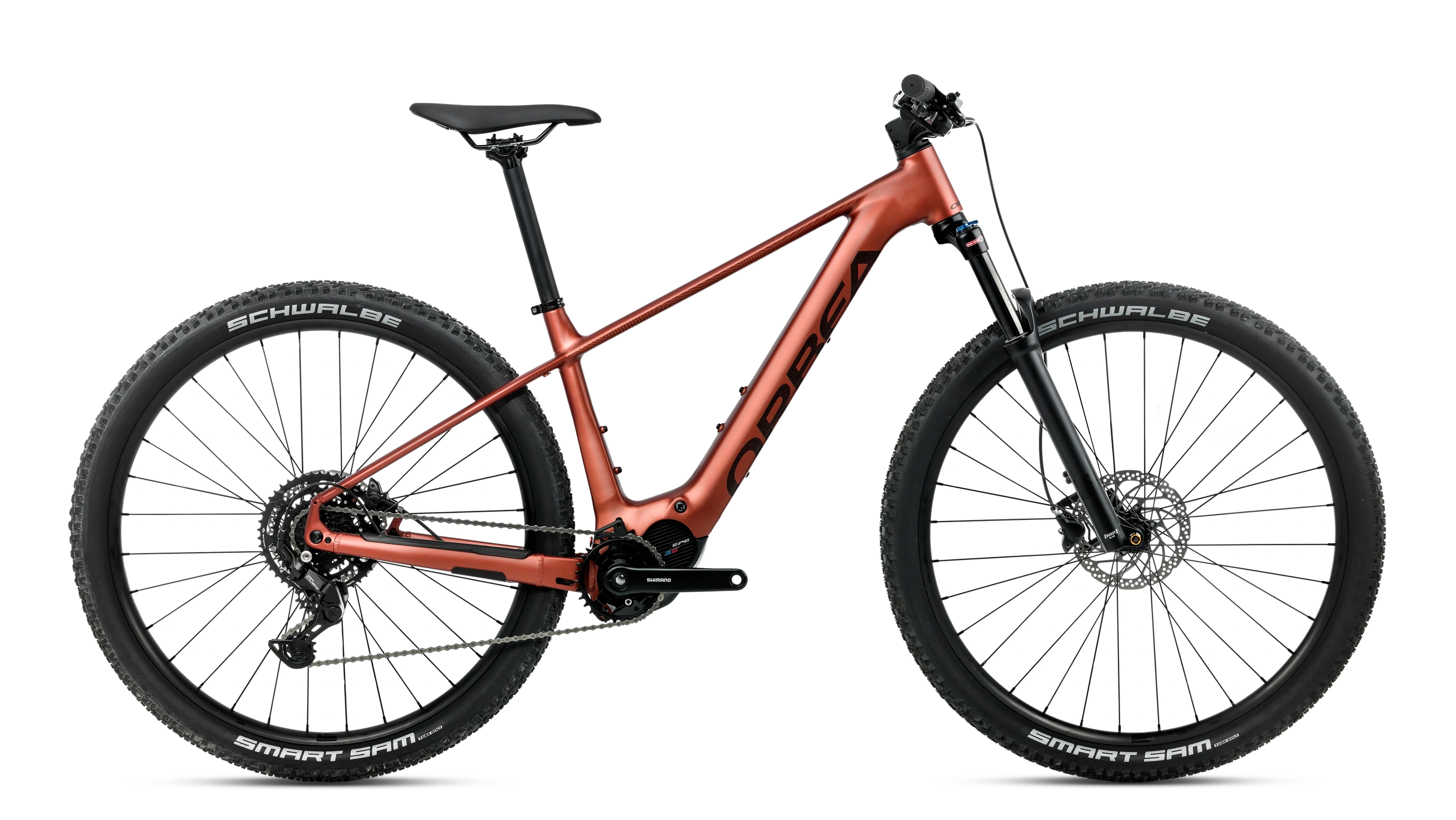 An Orbea hardtail electric mountain bike with a metallic copper-orange frame, black components, and black Schwalbe Smart Sam Tyres, shown from a side profile on a white background.