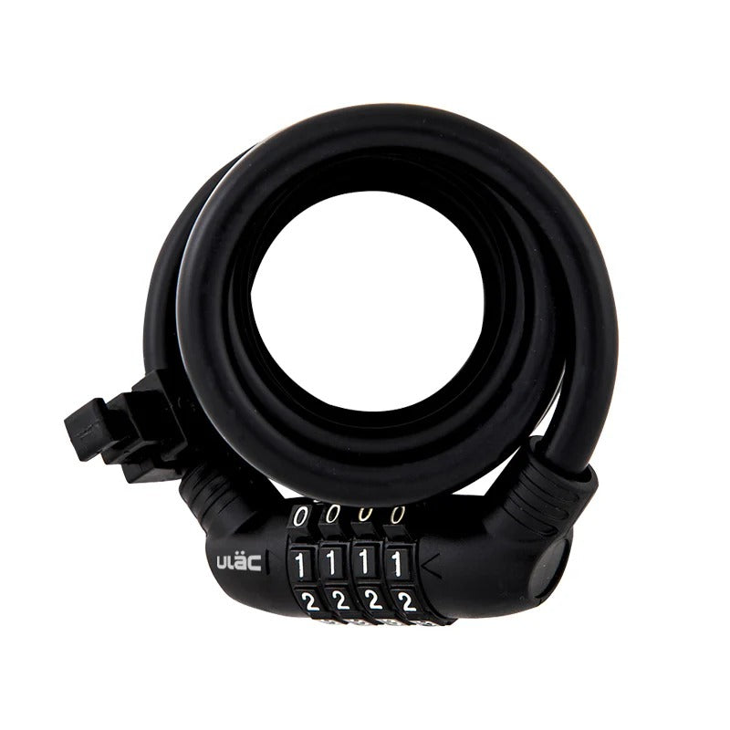 Black bicycle cable lock with a combination dial on a white background