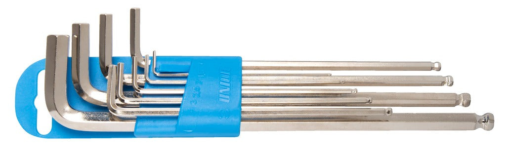 Set of hex keys with blue handle on a white background