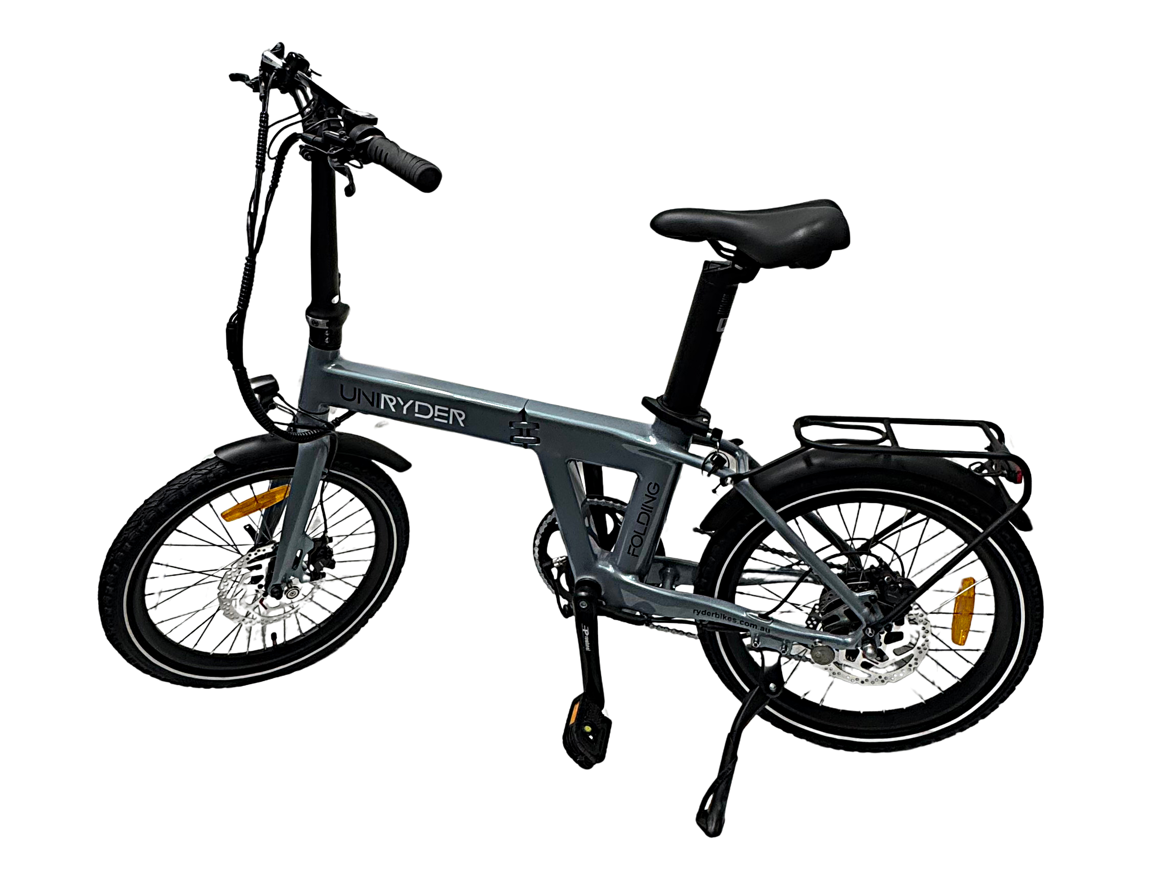 Gray folding bike with 'UniRyder' branding on a white background