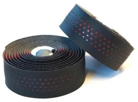 Two rolls of black bicycle handlebar tape with red perforations on a white background