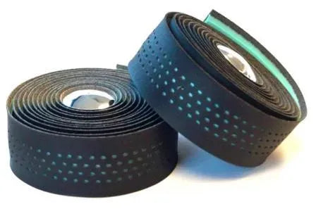 Two rolls of black bicycle handlebar tape with a white background