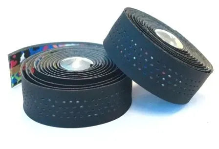 Two rolls of black bicycle handlebar tape on a white background