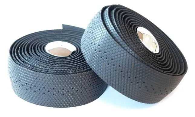 Two rolls of black road bike bar tape on a white background
