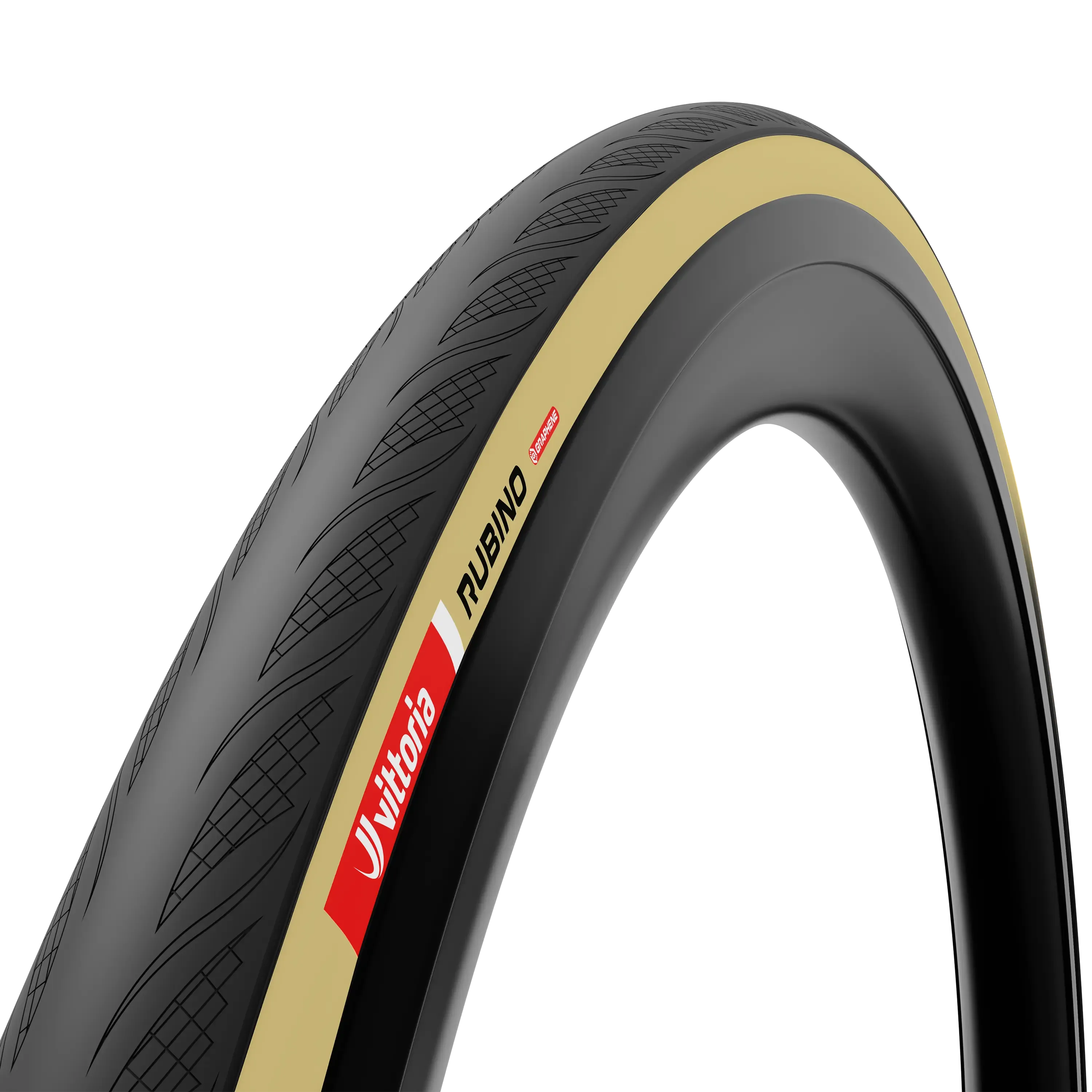 Vittoria Rubino bicycle tyre with tread pattern and brand logo on a white background