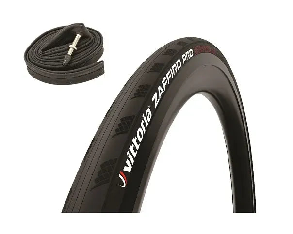 Vittoria Zaffino Pro bicycle tyre with inner tube on a white background