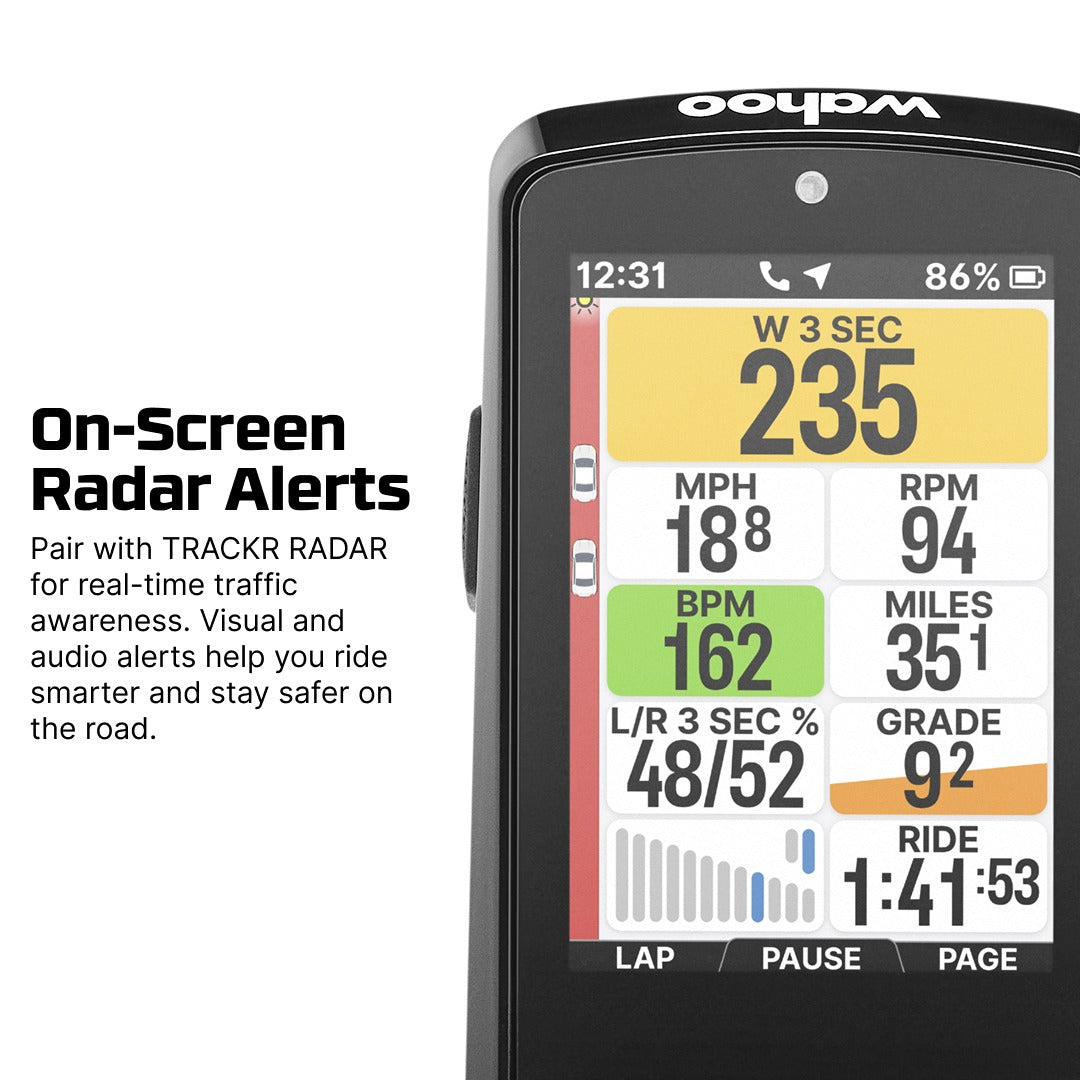 Wahoo cycling computer with on-screen radar alerts and trackr radar pairing feature.