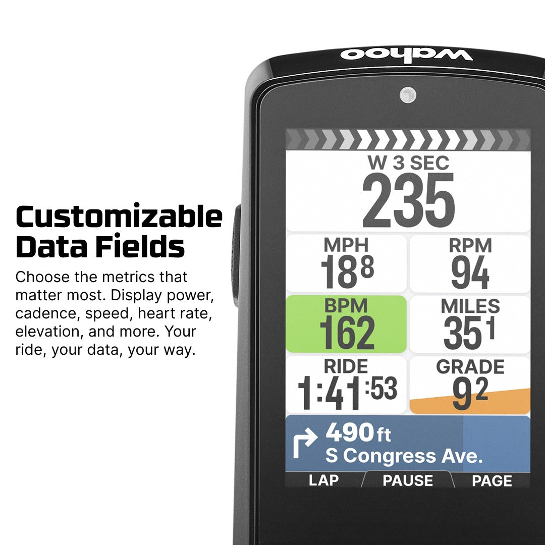 Wahoo cycling computer with customizable data fields display on a white background
