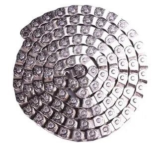 A half link silver BMX chain on a white background