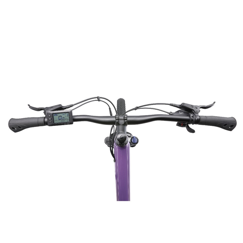 A picture of the handlebars of the lavender eTrail Breaker Step Through Electric Mountain Bike