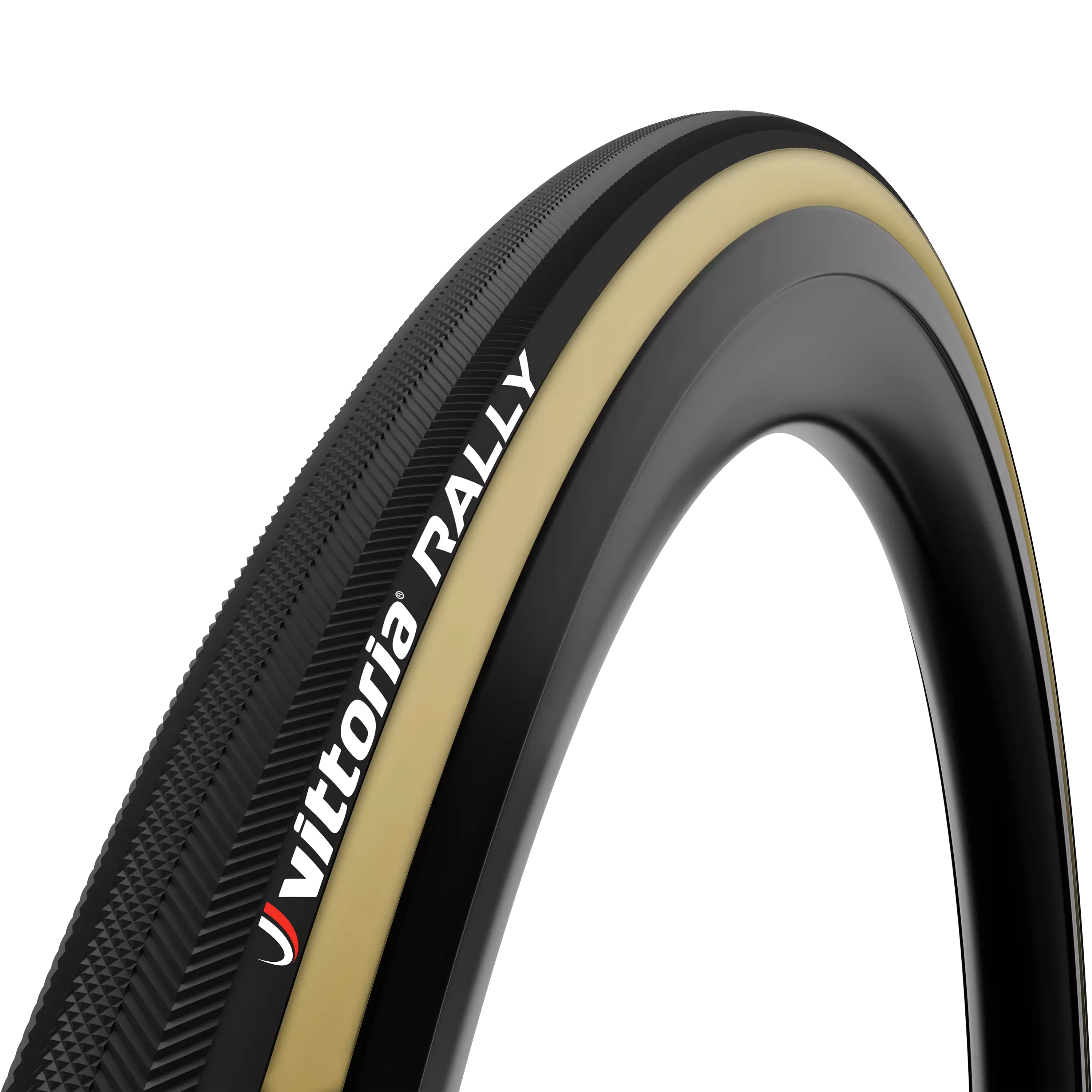 Vittoria Rally bicycle tyre with black and beige tread pattern on a white background