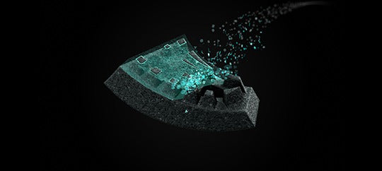 A cross section of a Lazer Chase Full Face Helmet Kineticore technology on a black background