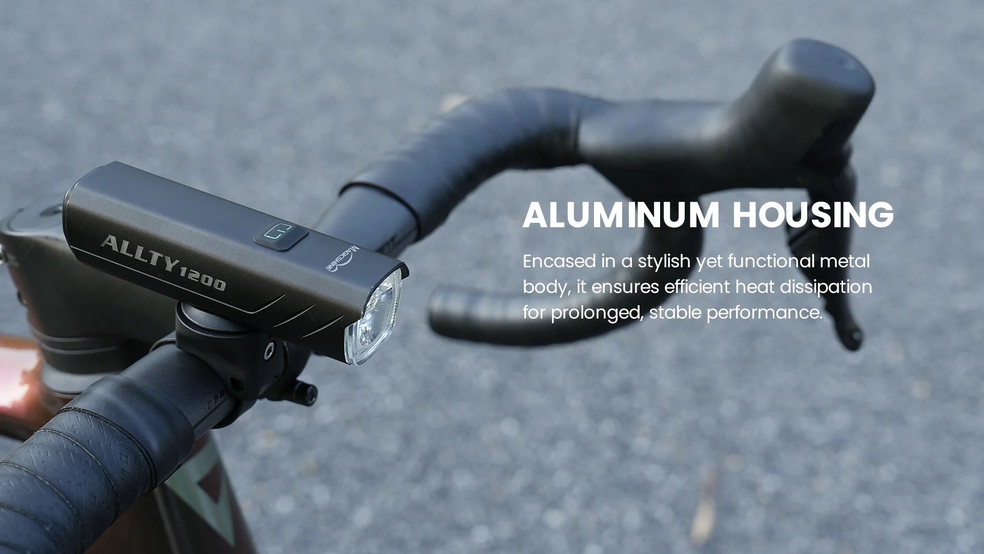Magicshine front bicycle light with 'ALLTY' branding on handlebars against a blurred road background
