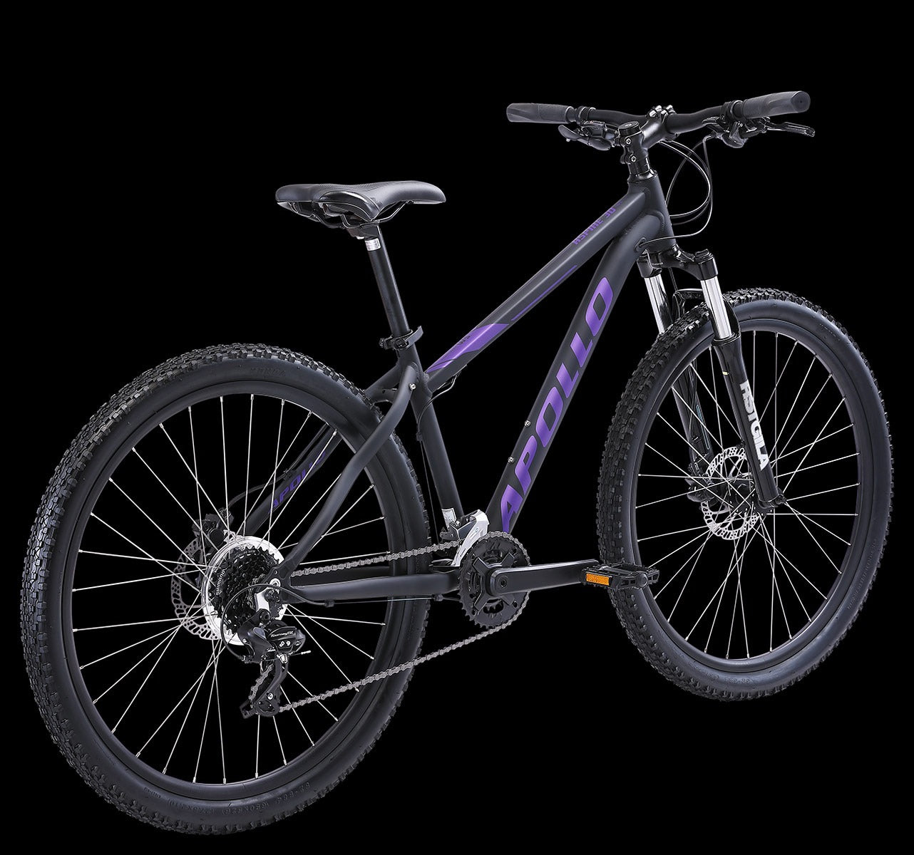 Mountain bike with a black frame and purple 'Apollo' logo on a black background