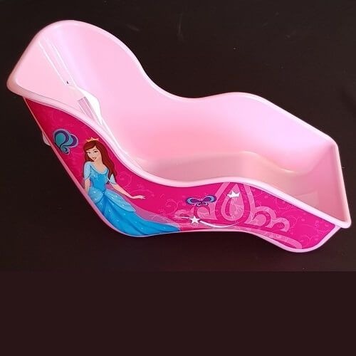 Pink children's bicycle doll carrier with Disney Princess design on a dark background