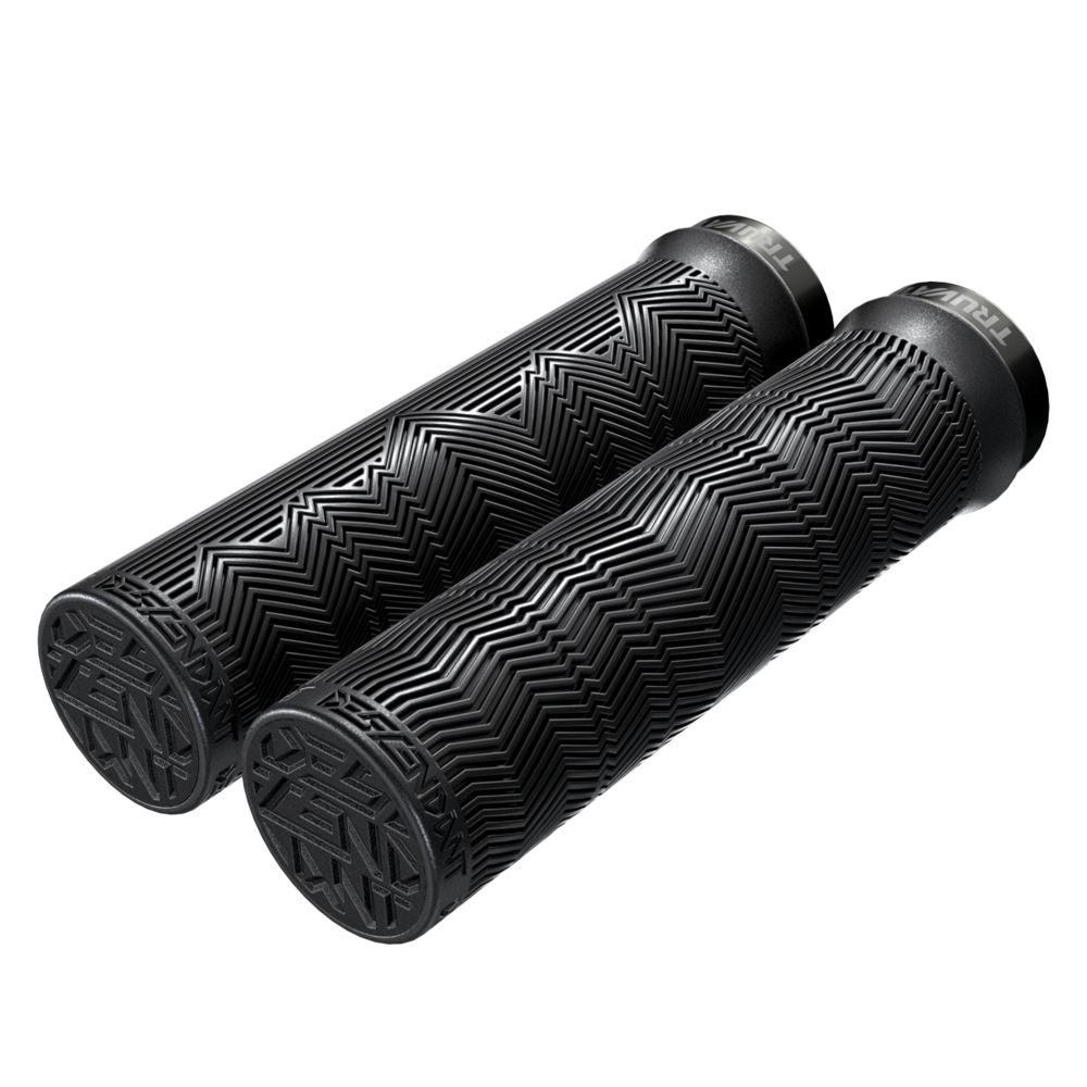 Pair of black bicycle grips with textured pattern on a white background