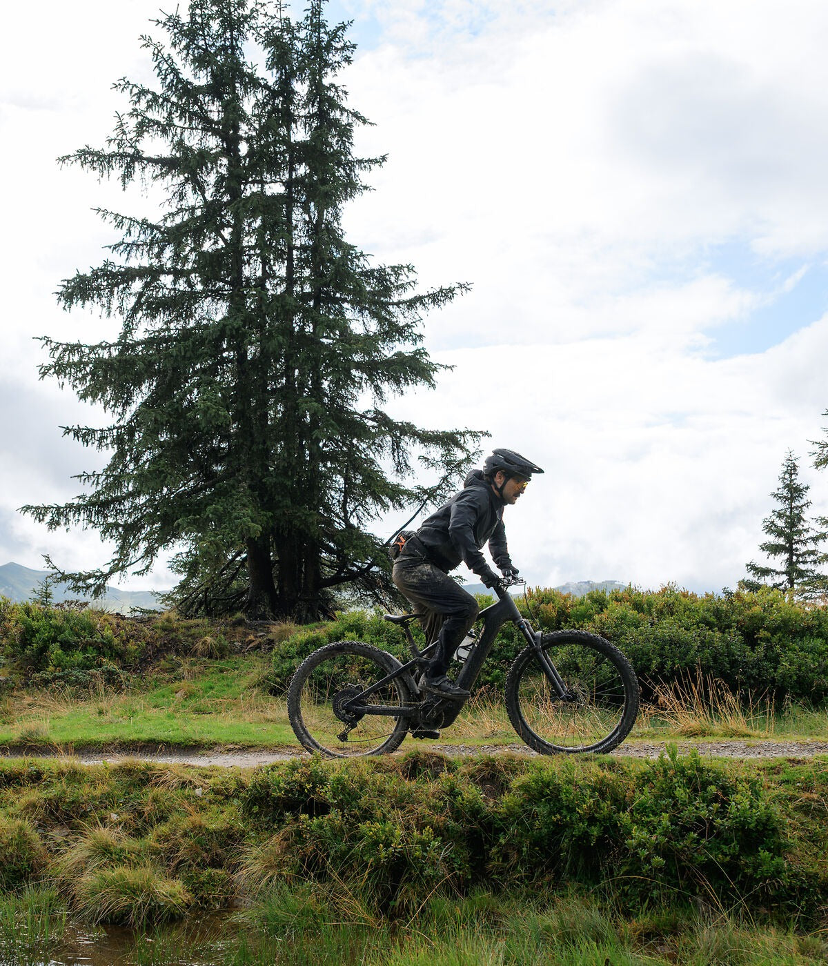 Person riding a mountain bike on a trail with trees and mountains in the background