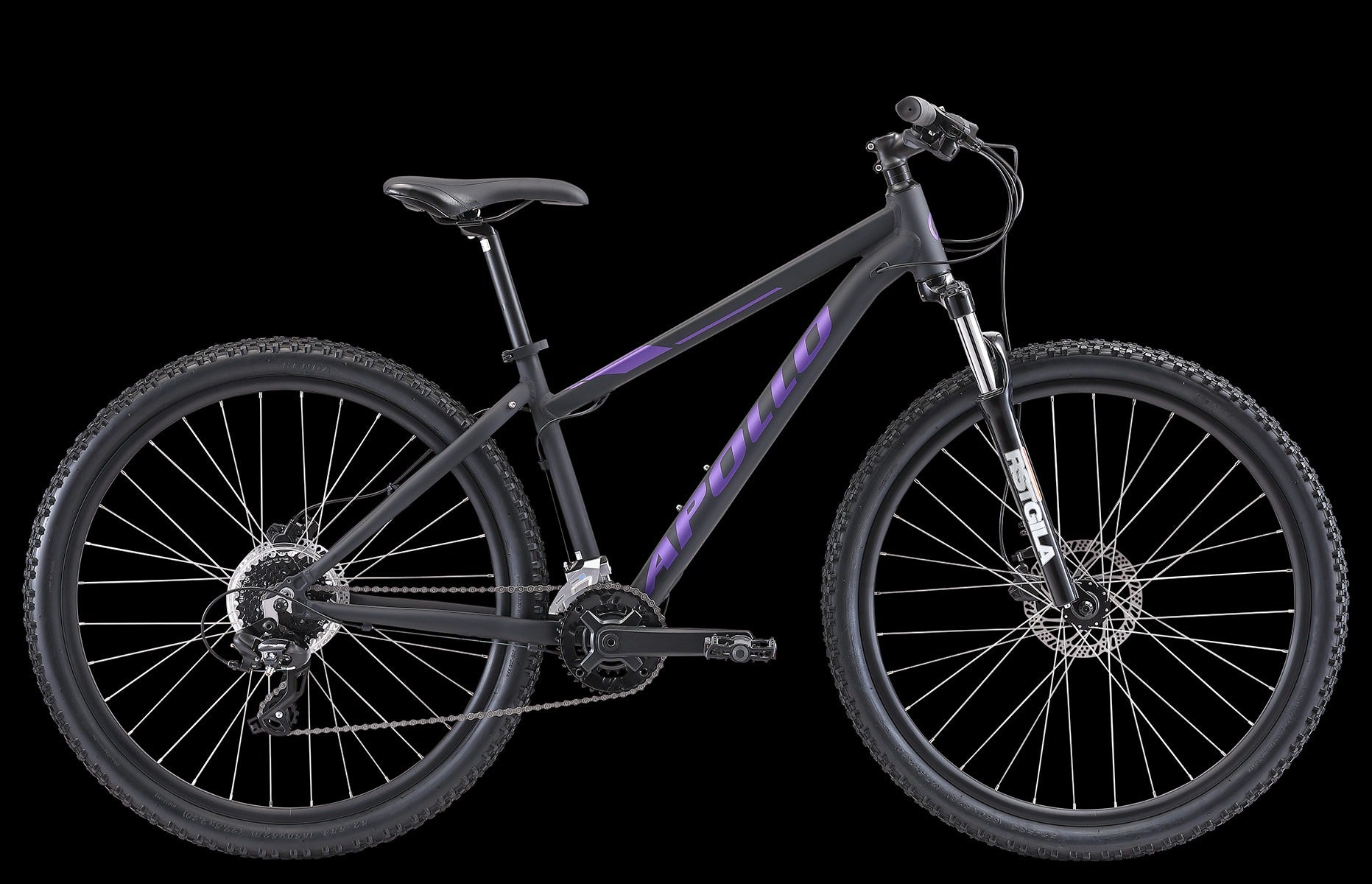 Black Mountain Bike with 'Apollo' in purple on the frame on a black background