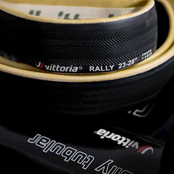 Close-up of Vittoria Rally bicycle tyres with packaging