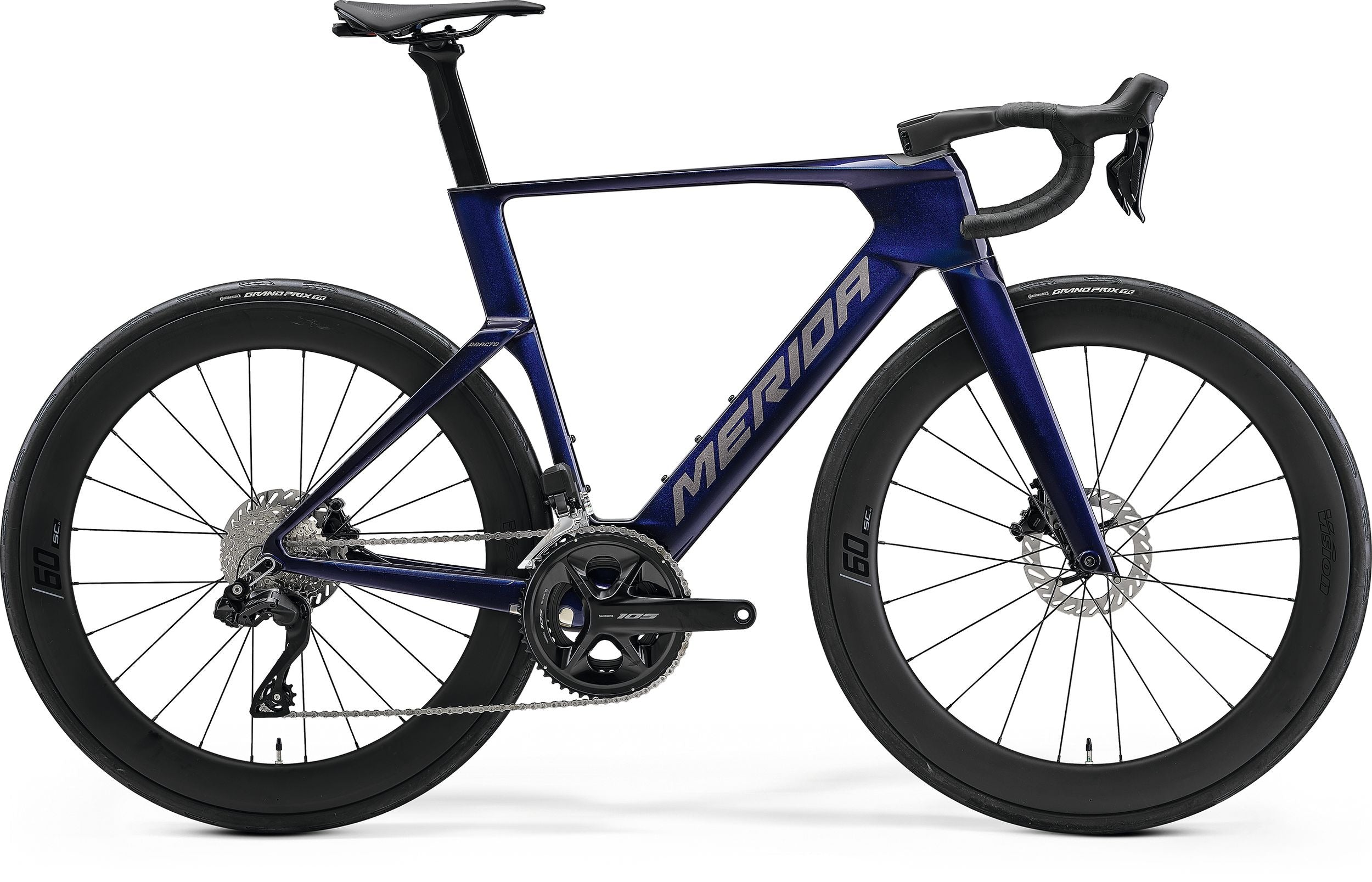 Blue Merida road bike on a white background