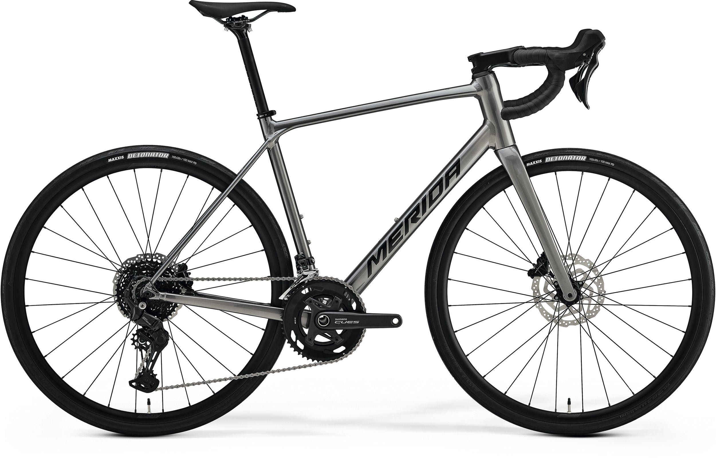 GrayMerida Road Bike with black wheels on a white background