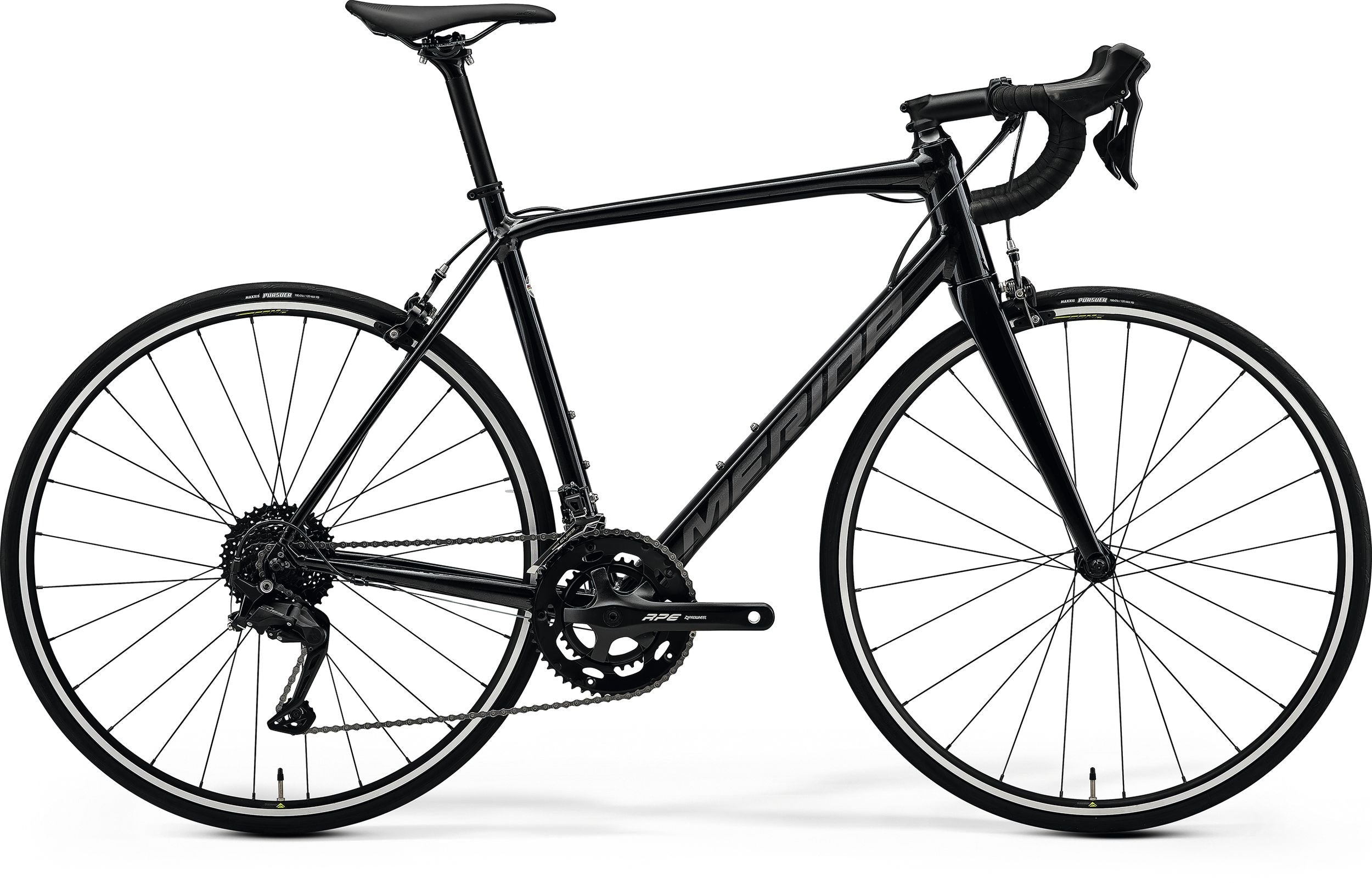 Black Merida road bike on a white background