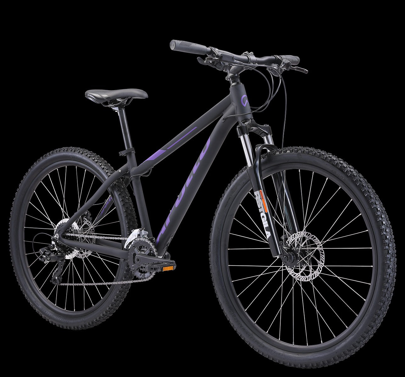 Black bicycle with purple accents on a black background