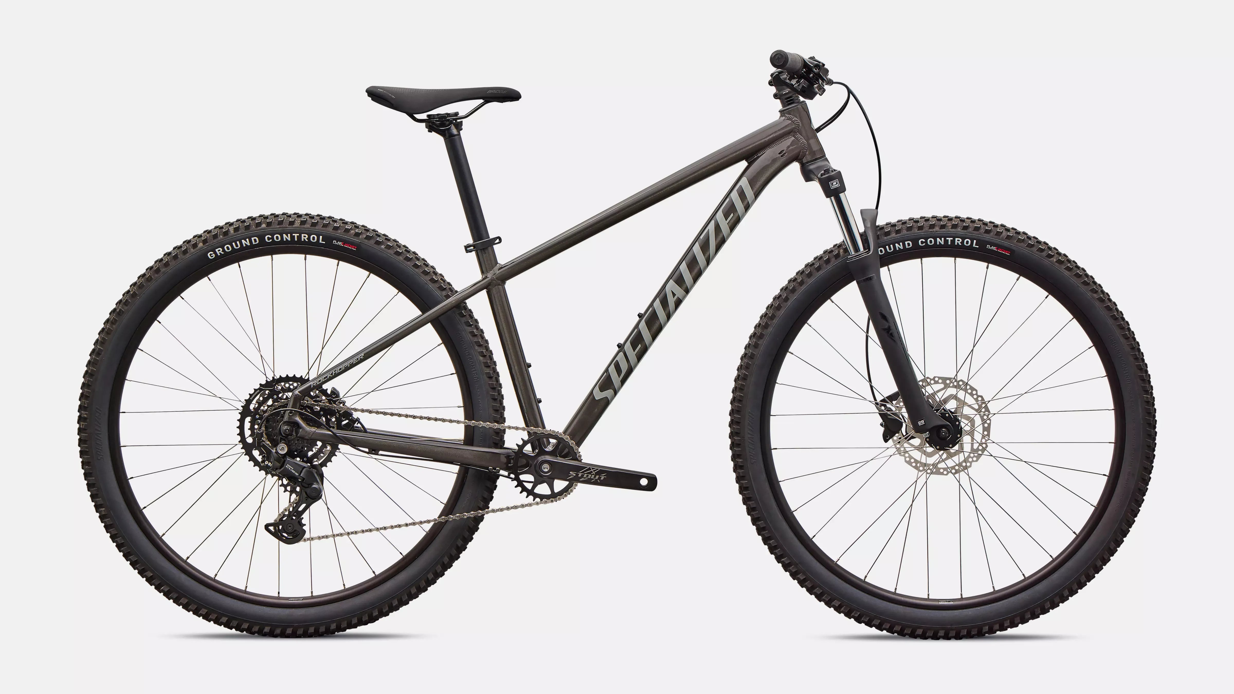 Dark Grey mountain bike with 'Specialized' branding on a white background