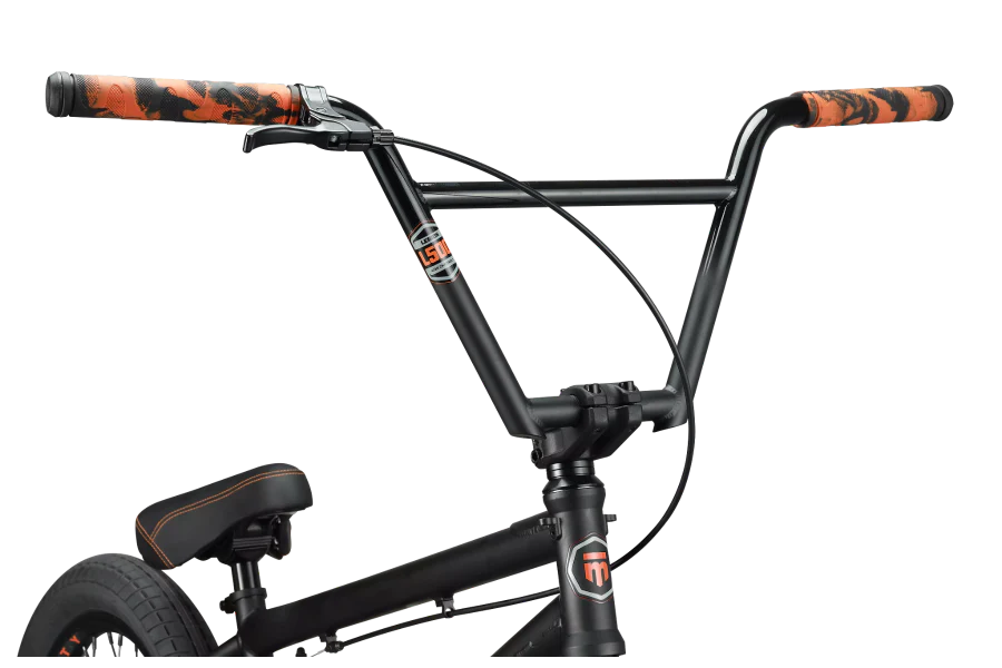 Black BMX Bike frame with orange and black handlebar grips on a white background