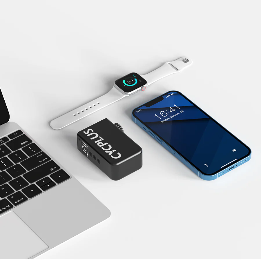 Smartphone, smartwatch, and laptop on a white surface with a CYCPLUS Electric Bike Pump.