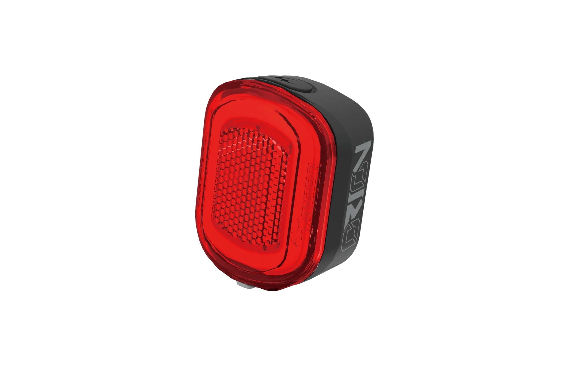 Red Orion bicycle tail light with black casing on a white background