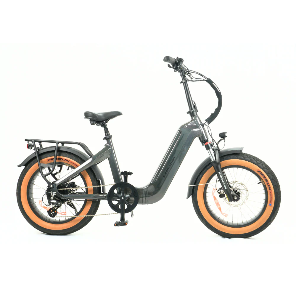 Gray electric bike with tanwall tyres on a white background