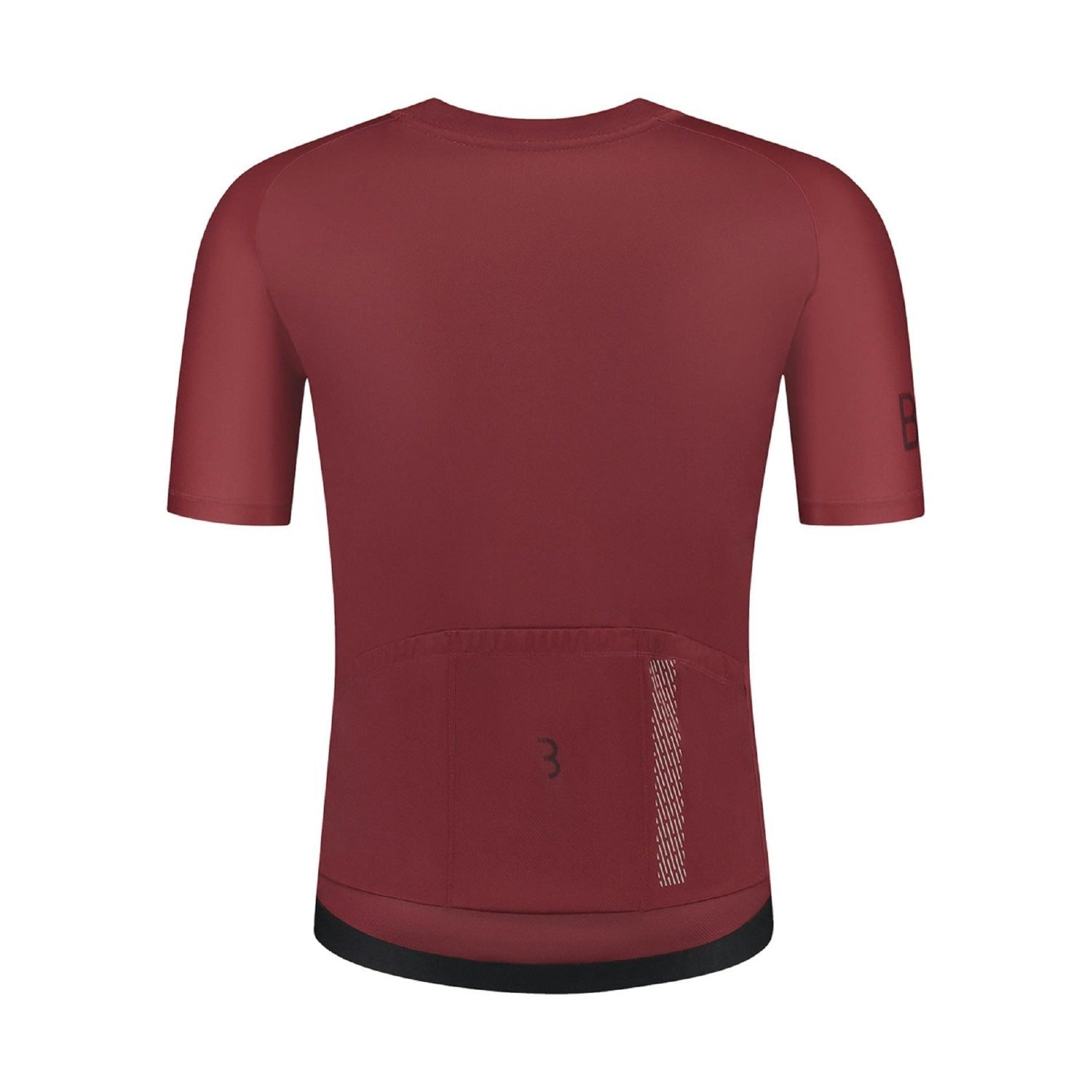Maroon cycling jersey with a pocket on a white background