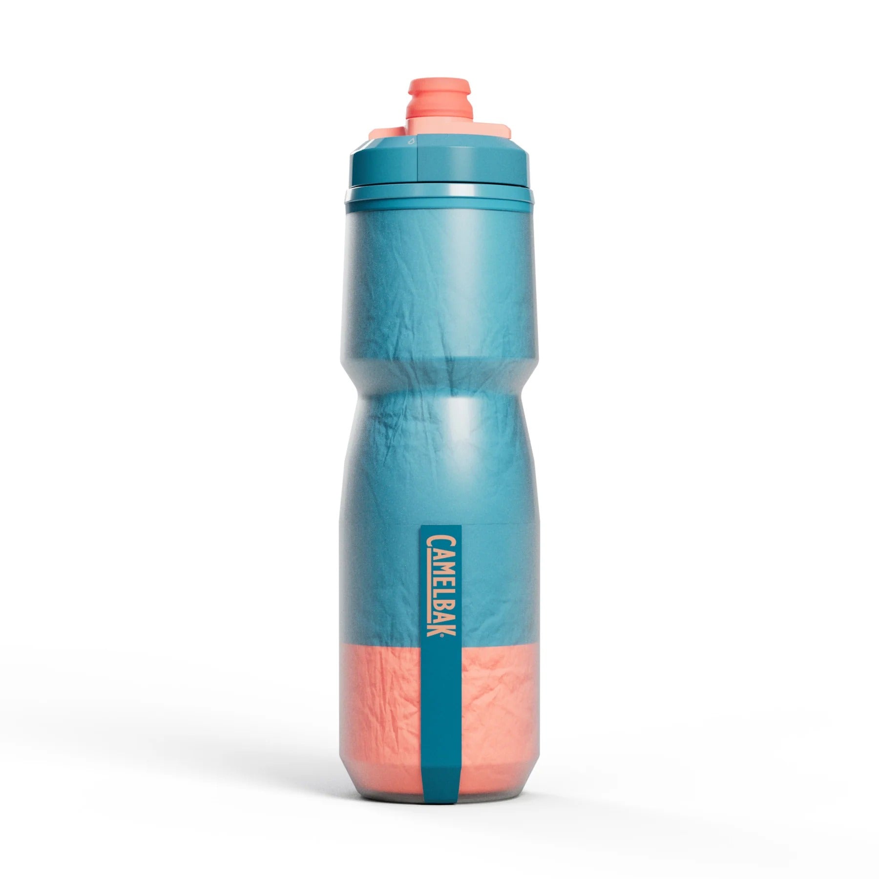 Teal and pink water bottle with CamelBak logo on a white background