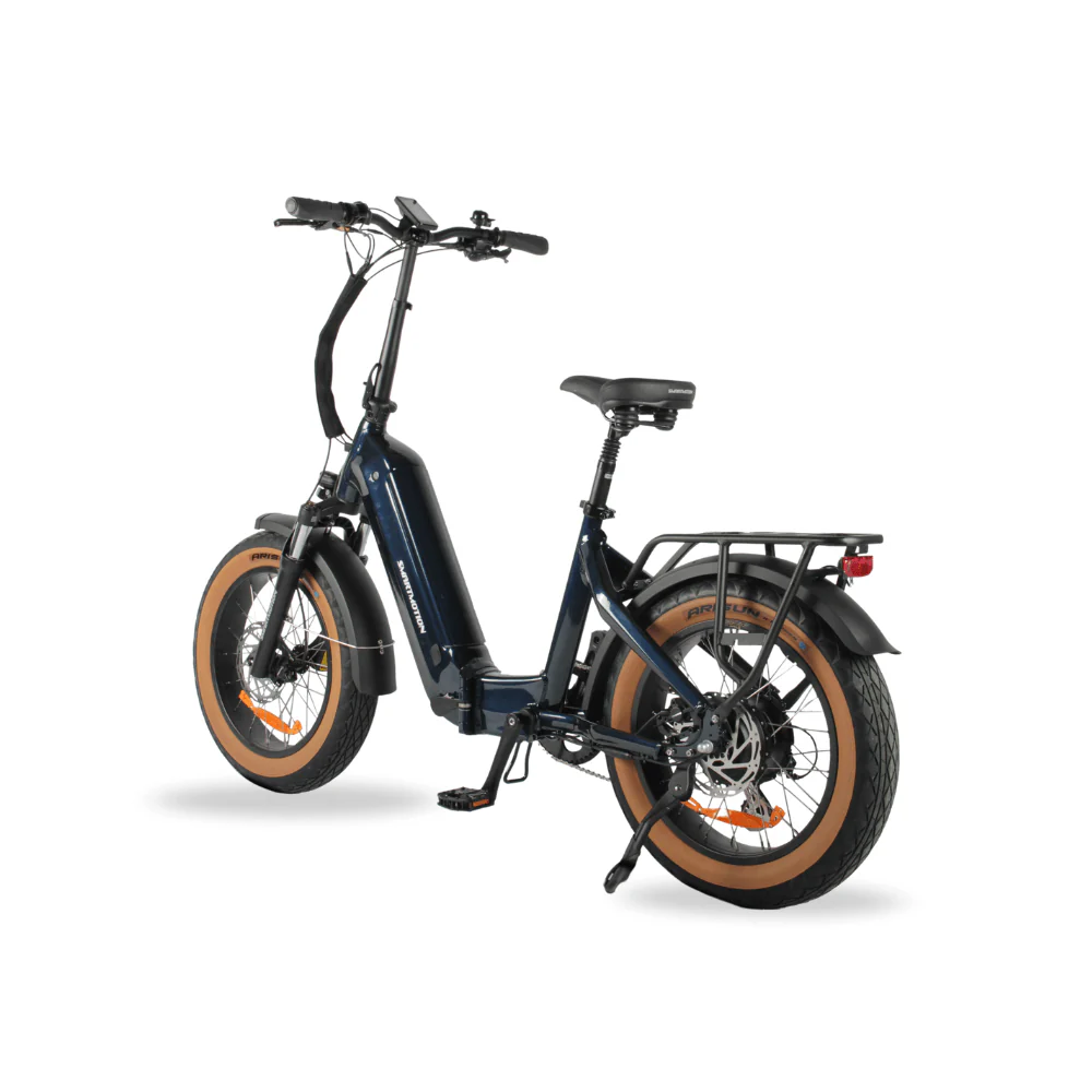 Navy electric bike with tanwall tyres on a white background
