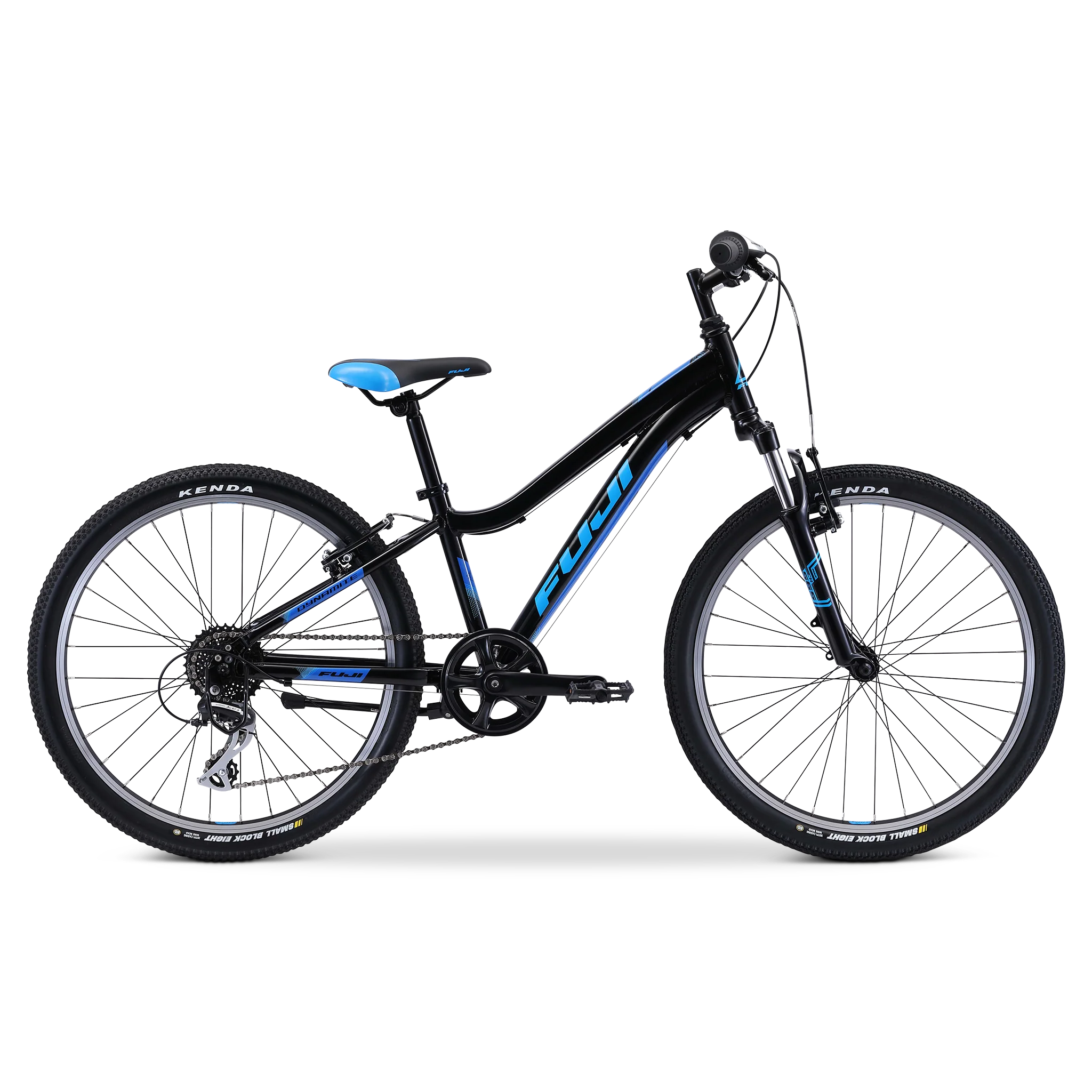 Black and blue Fuji children's bicycle on a white background