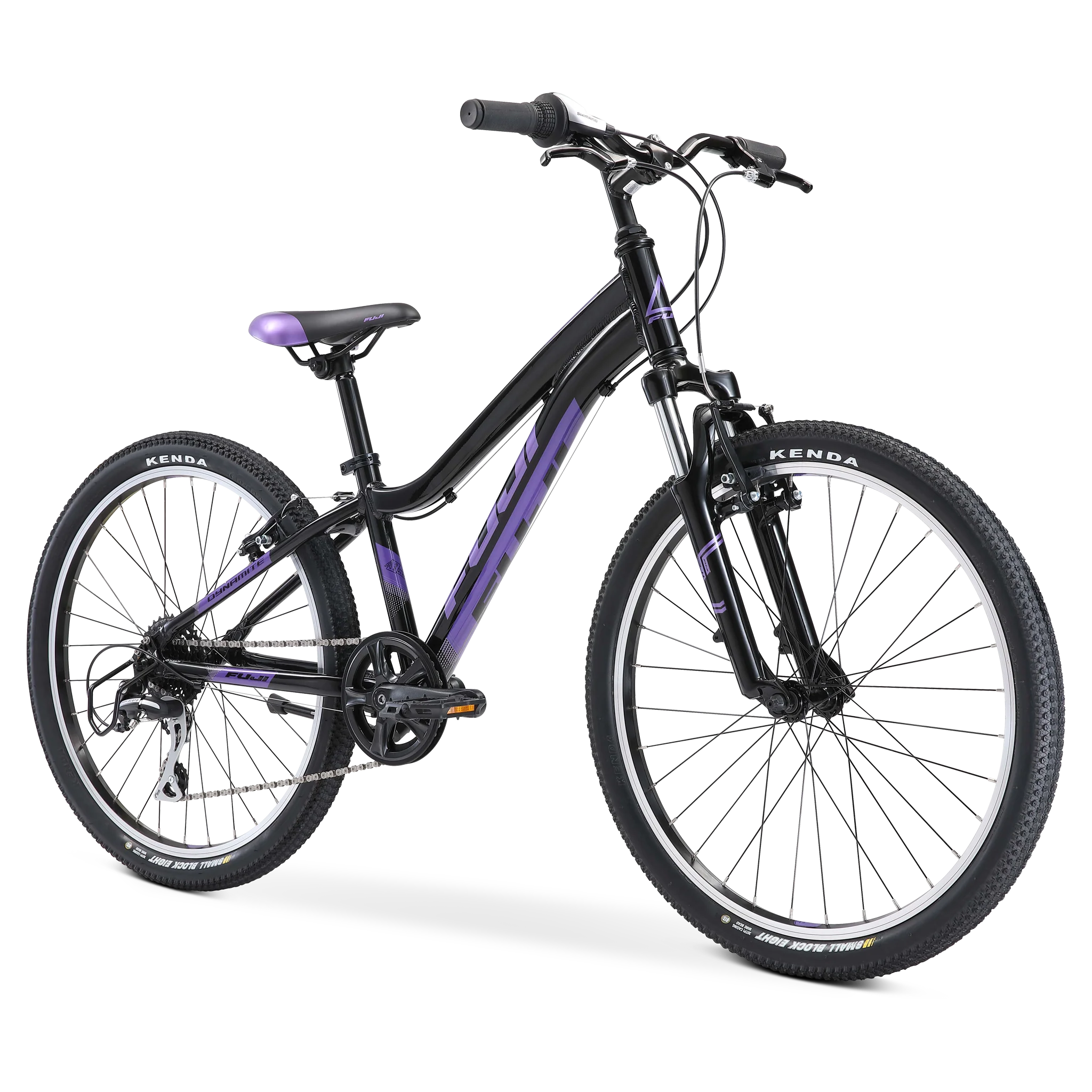 Black and purple Fuji kids mountain bike on a white background