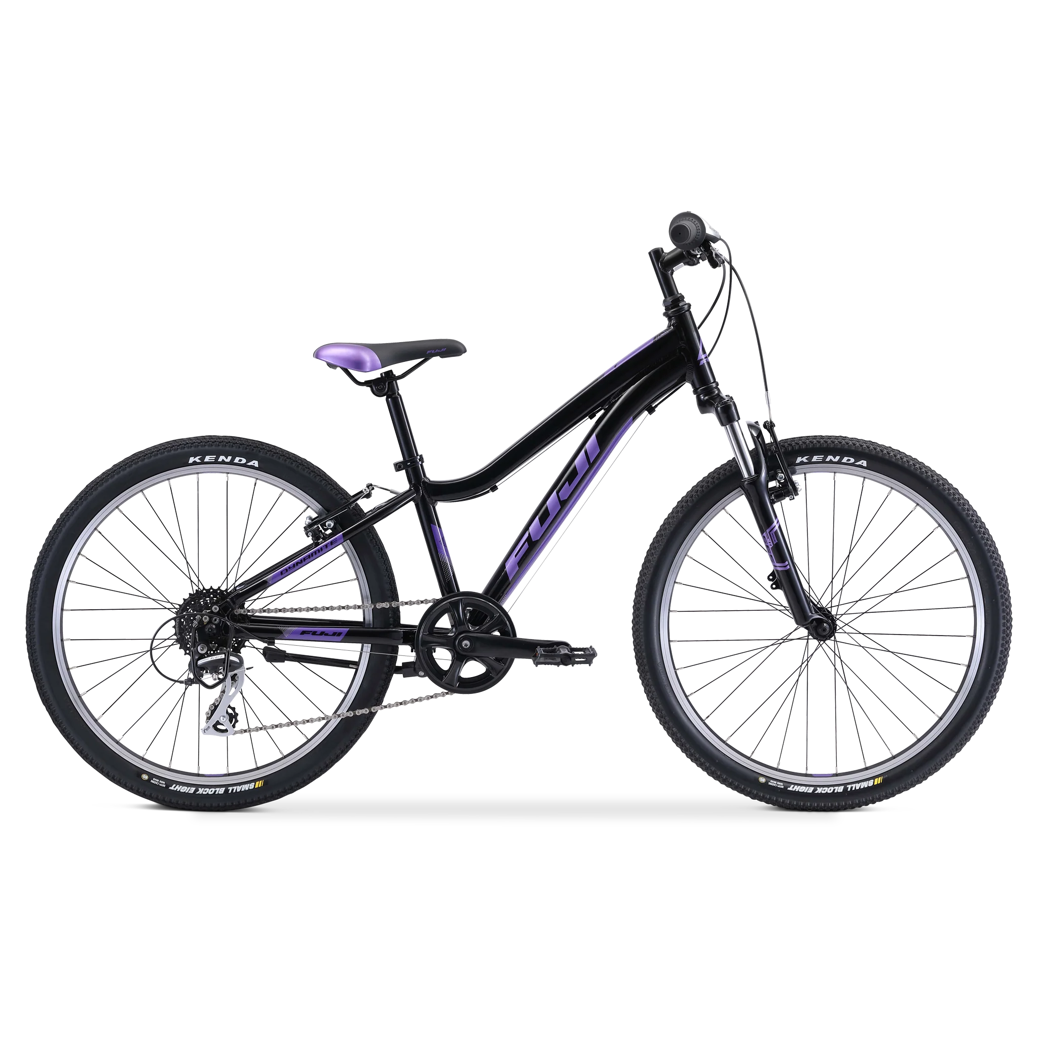 Black and purple Fuji Kids Mountain Bike on a white background