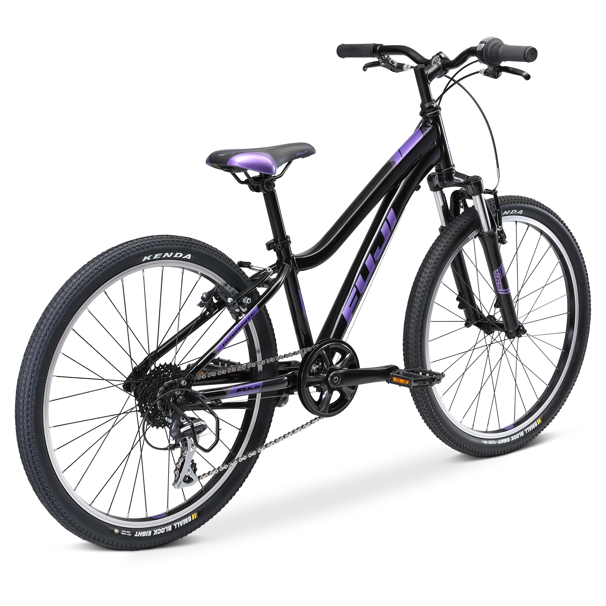 Black and purple Fuji kids mountain bike on a white background