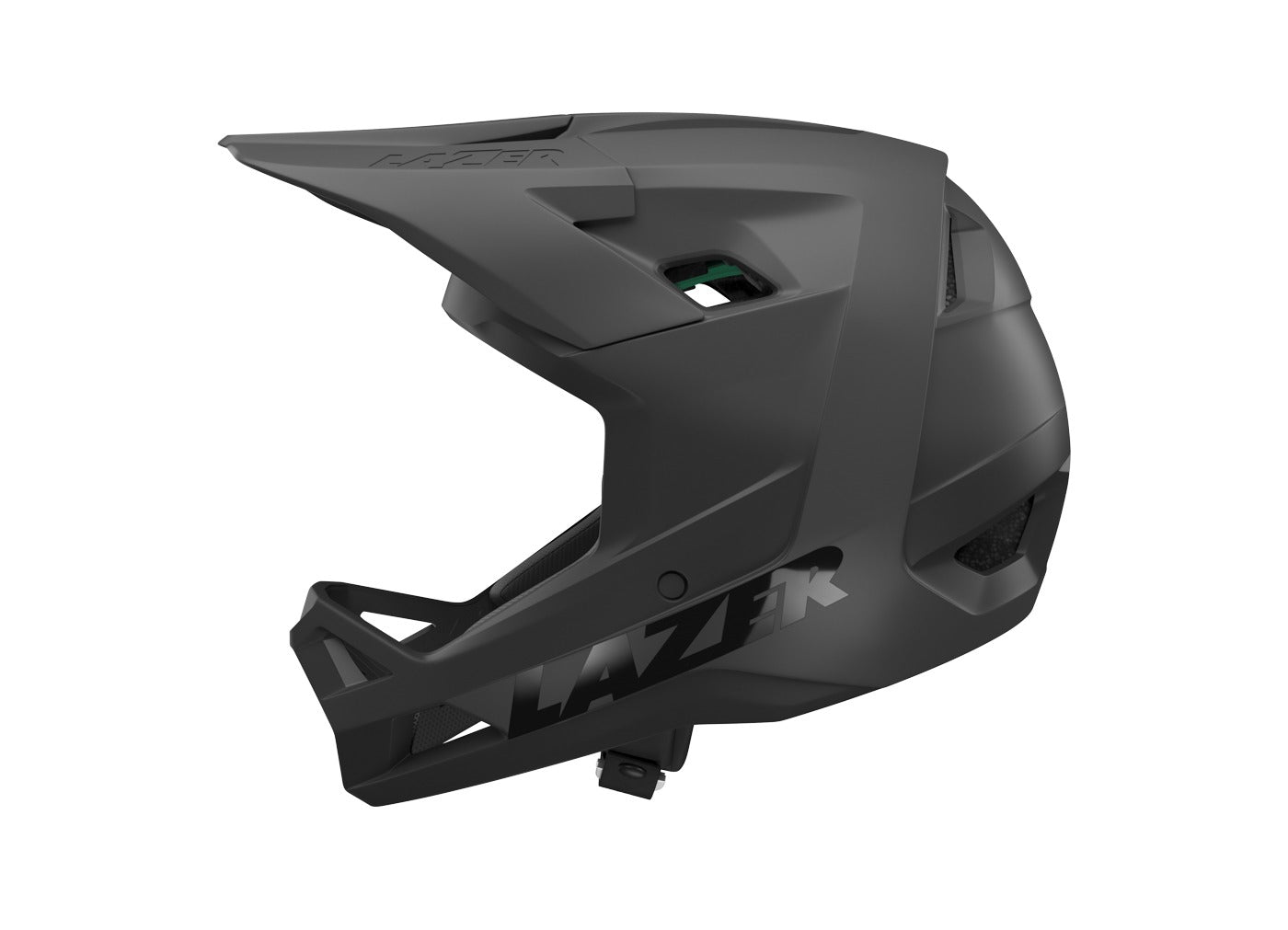 Black Lazer full face Mountain Bike helmet on a white background