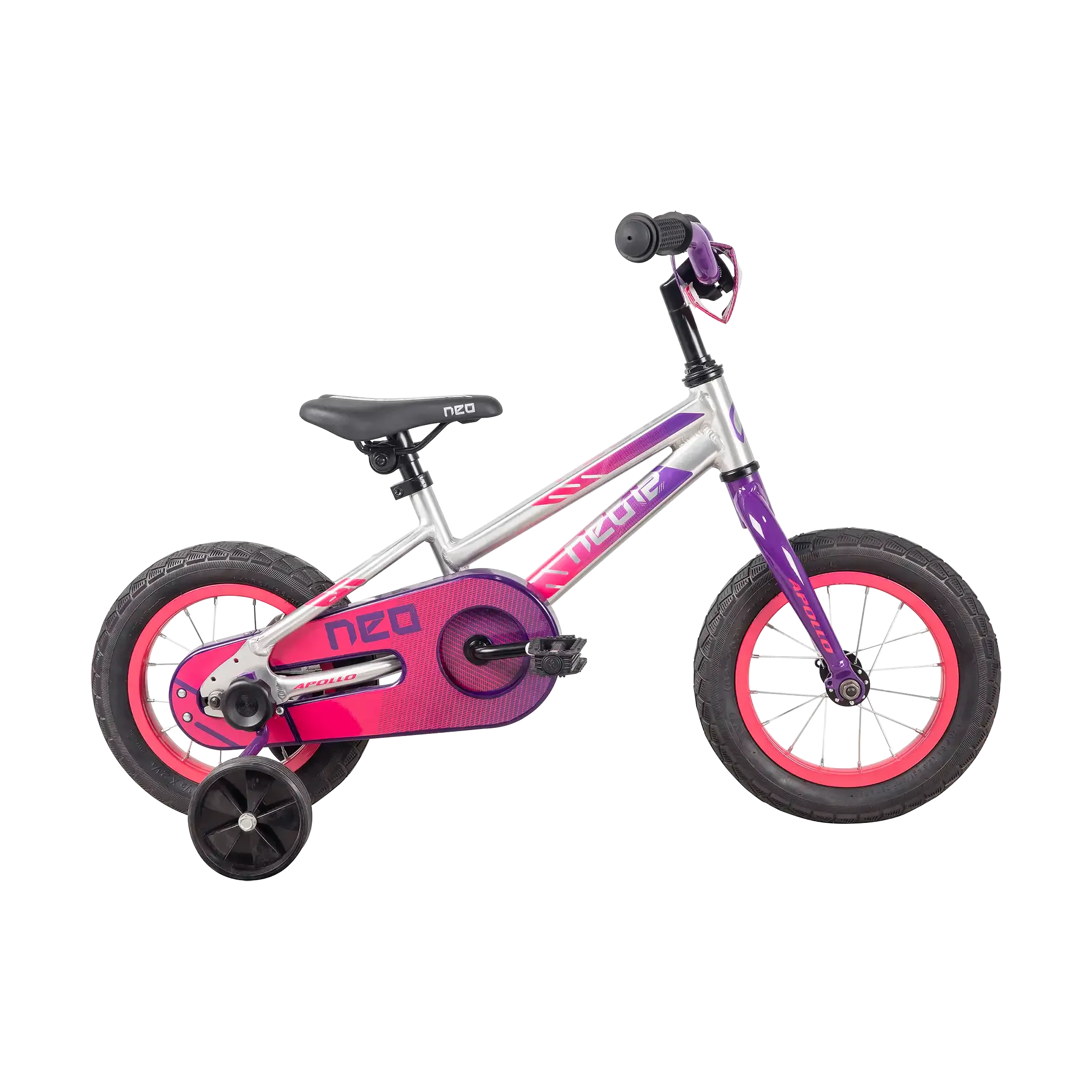 A children's Neo 12" bicycle with training wheels and a black saddle, featuring a silver frame with purple and pink graphics, pink wheel rims, and black tyres.