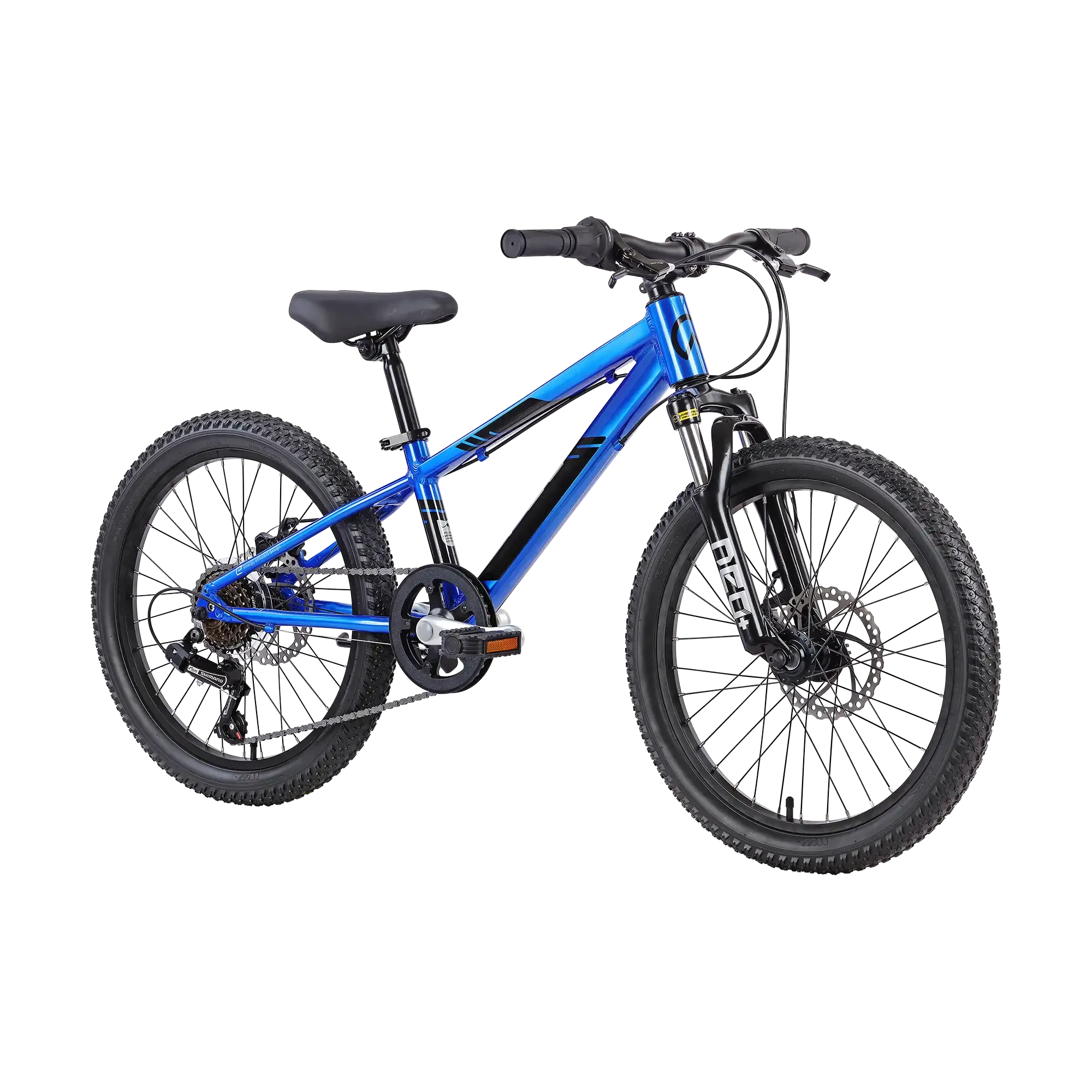 A blue and black kids' mountain bike with fat tyres, a suspension fork, and disc brakes, shown from a side profile on a white background.