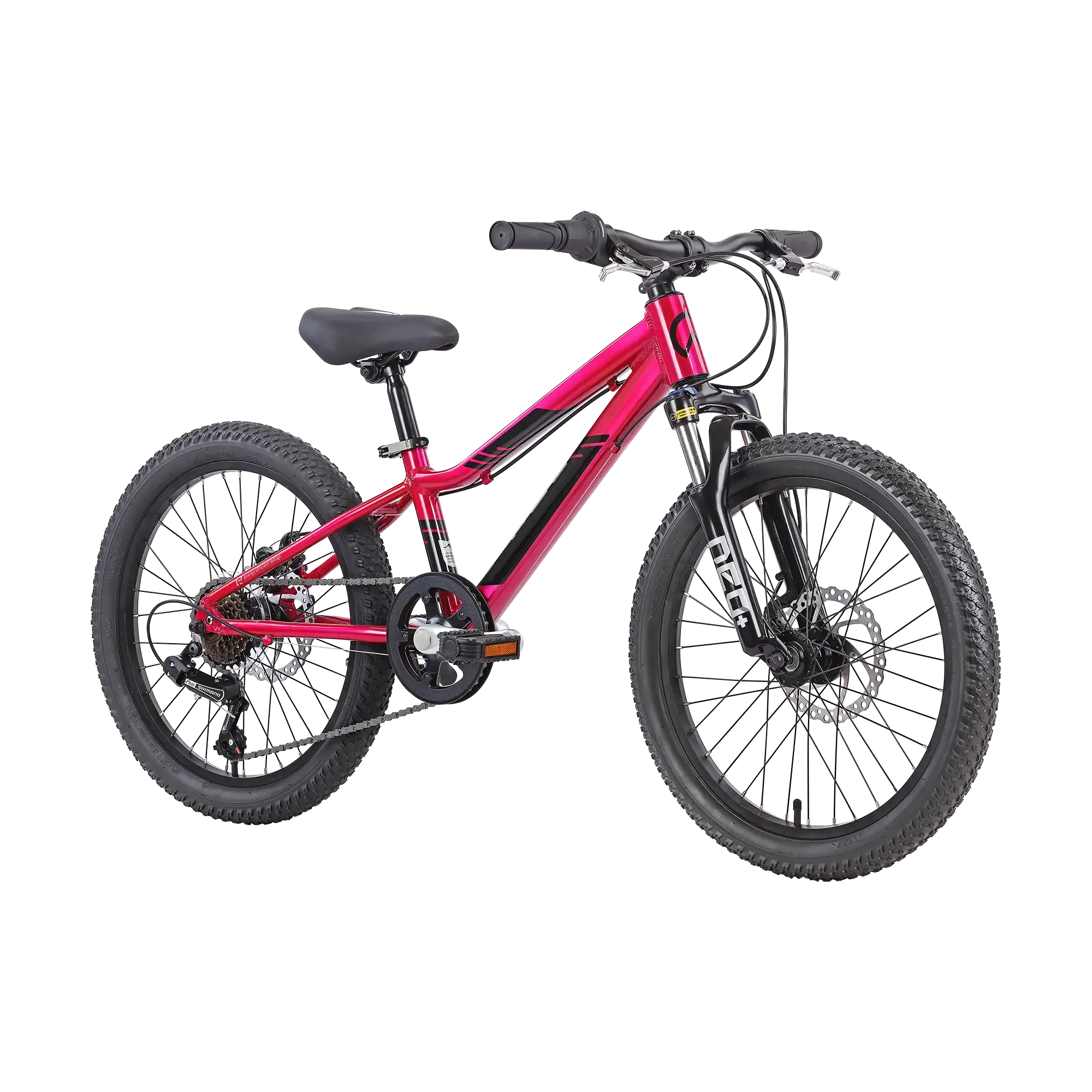 Pink and black kid's mountain bike on a white background
