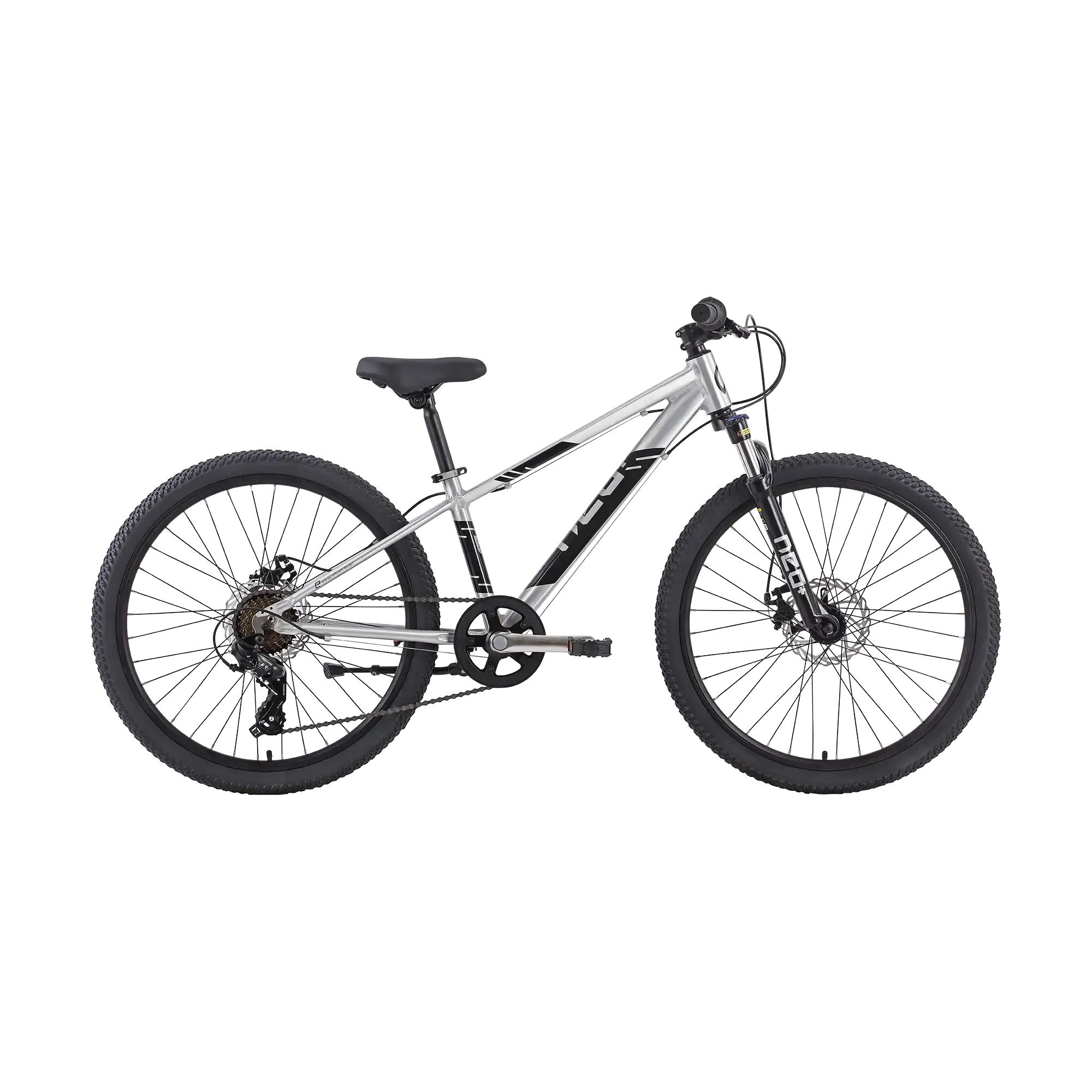 A silver and black kids mountain bike with disc brakes, knobby tyres, and a visible suspension fork, photographed on a solid white background.