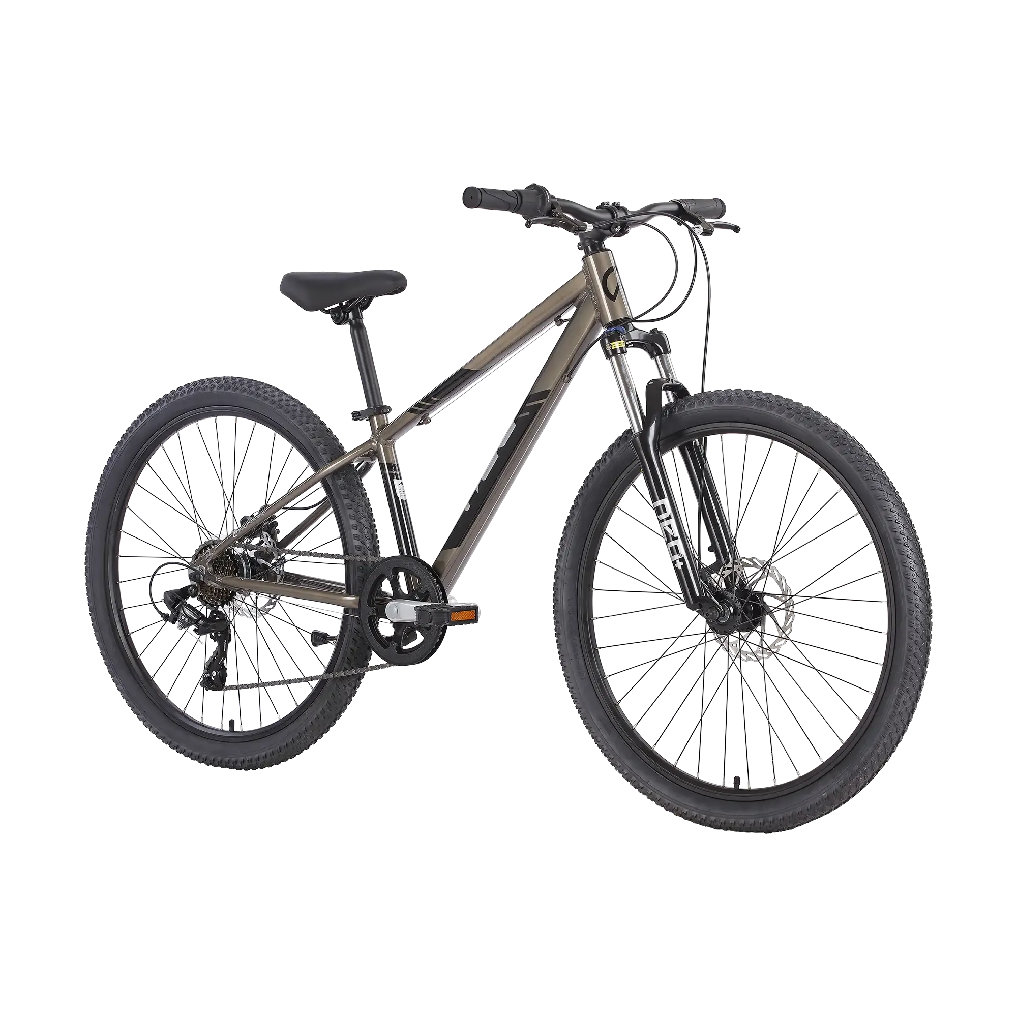 A mountain bike with a matte brown frame, black suspension fork, black saddle, and knobby tyres, shown from a three-quarters front angle on a solid white background.