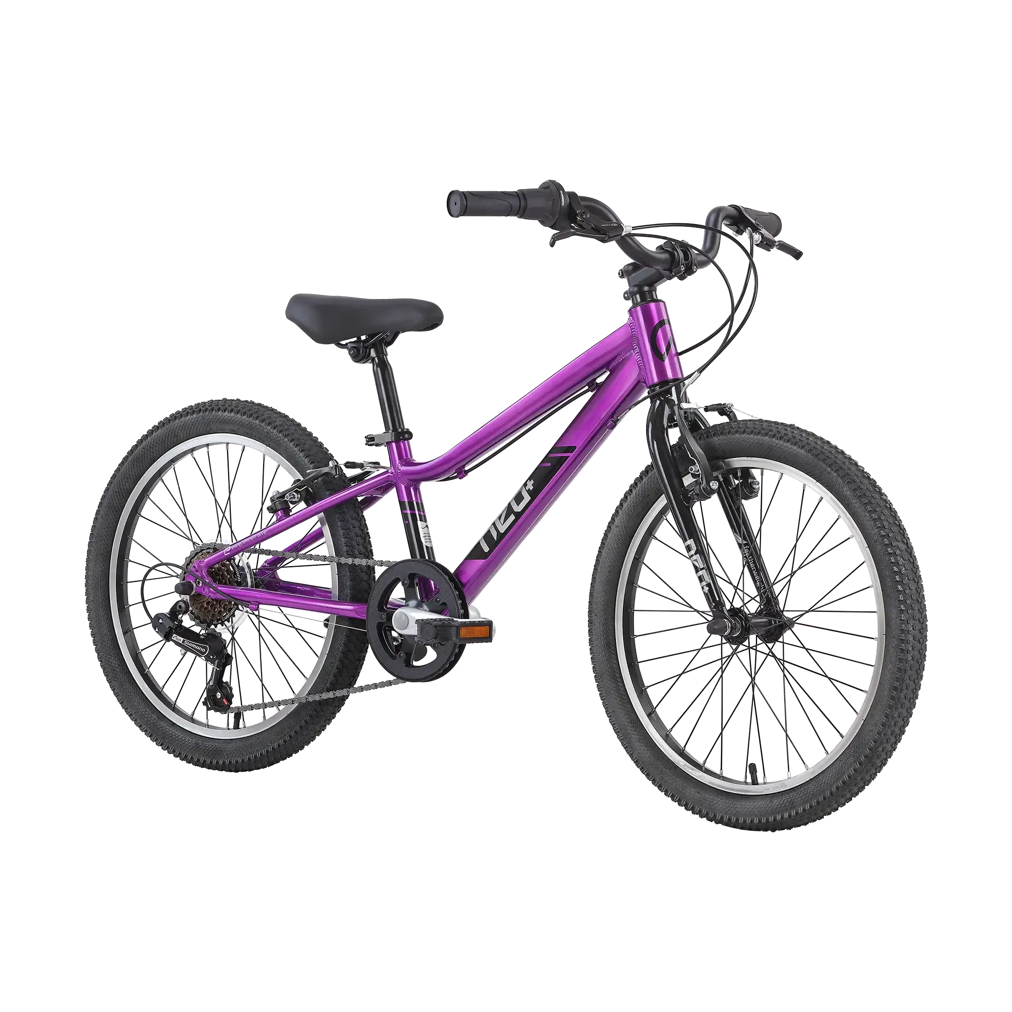 A purple kids' bicycle with black components, including the seat, handlebars, tyres, and fork, shown on a plain white background. The brand name 'NEO' is printed on the down tube of the frame.